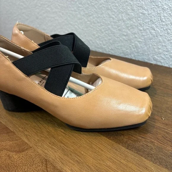 PuDing Block Heel Pumps Elastic Strap Square Toe Tan Shoes size 36 - Picture 2 of 10